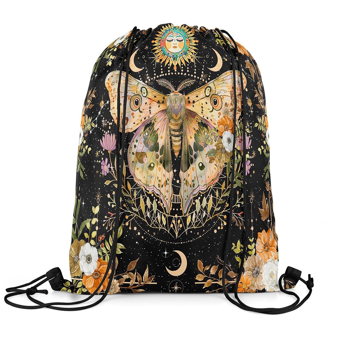 Loussiesd Death Moth Print Drawstring Backpack 40x33cm for Boho Moth Drawstring Bags Halloween Decorations Sports Drawstring Sackpack Decor Sun Moon Bohemian Waterproof Cinch Bag
