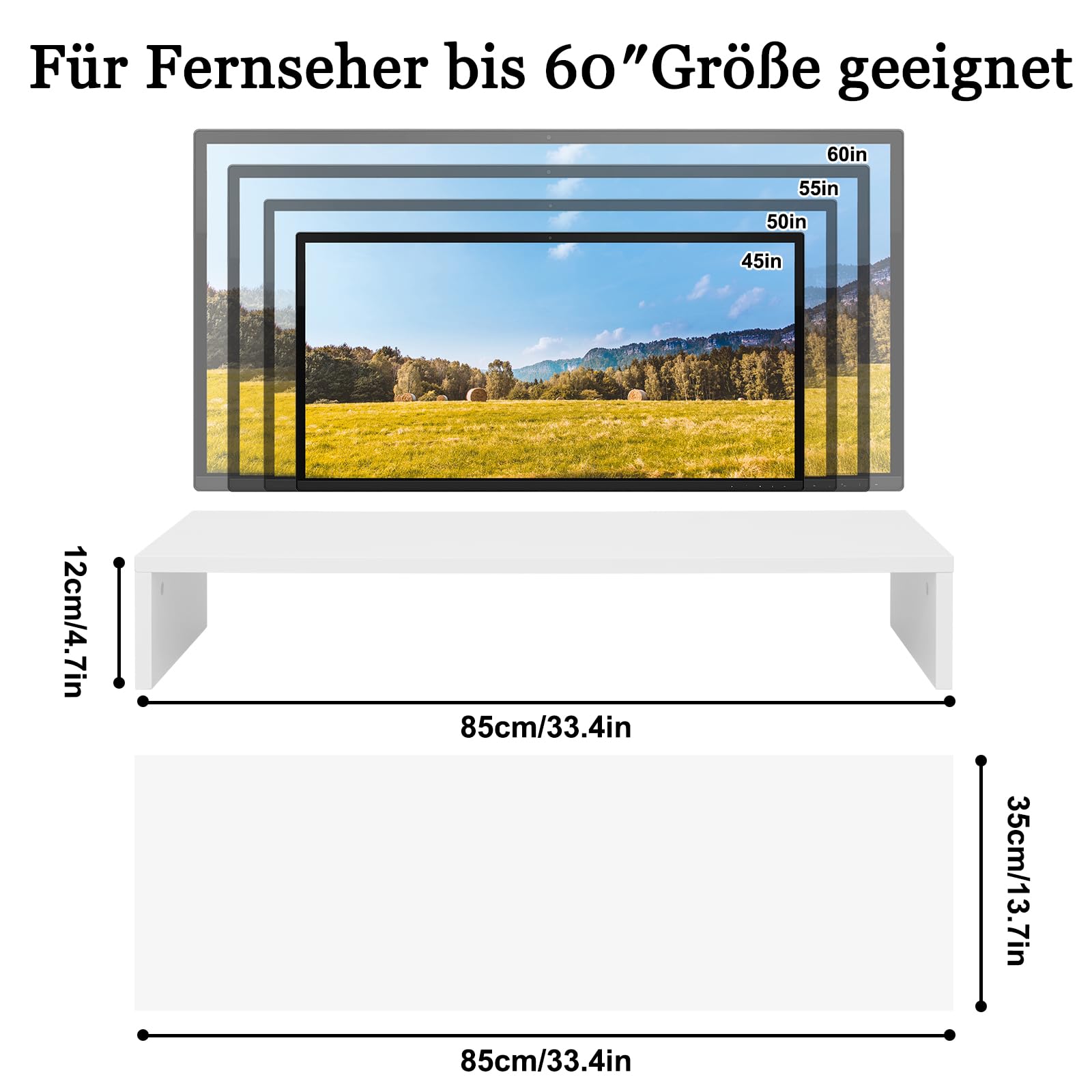 Soporte elevador para monitor y TV, organizador ergonómico de 12 cm de altura para pantallas de hasta 32 pulgadas, diseño de ahorro de espacio 85 x 35 cm (largo x ancho)