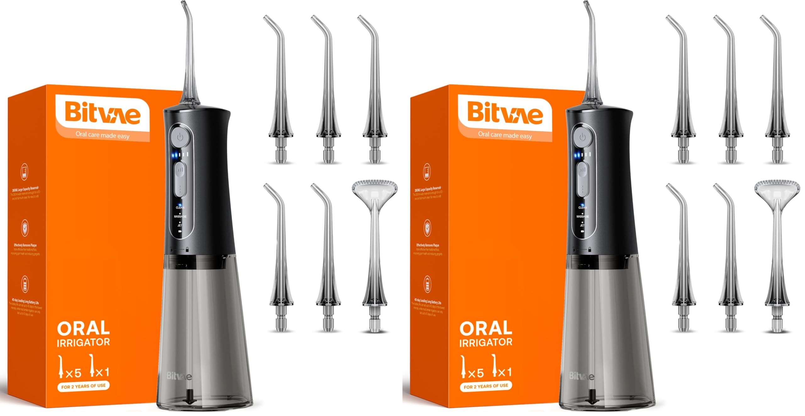 Bitvae Water Dental Flosser for Teeth, Cordless Water Teeth Cleaner Picks, 3 Modes 5 Intensities, IPX7 Waterproof, Rechargeable Water Dental Picks for Cleaning - Black (Pack of 2)