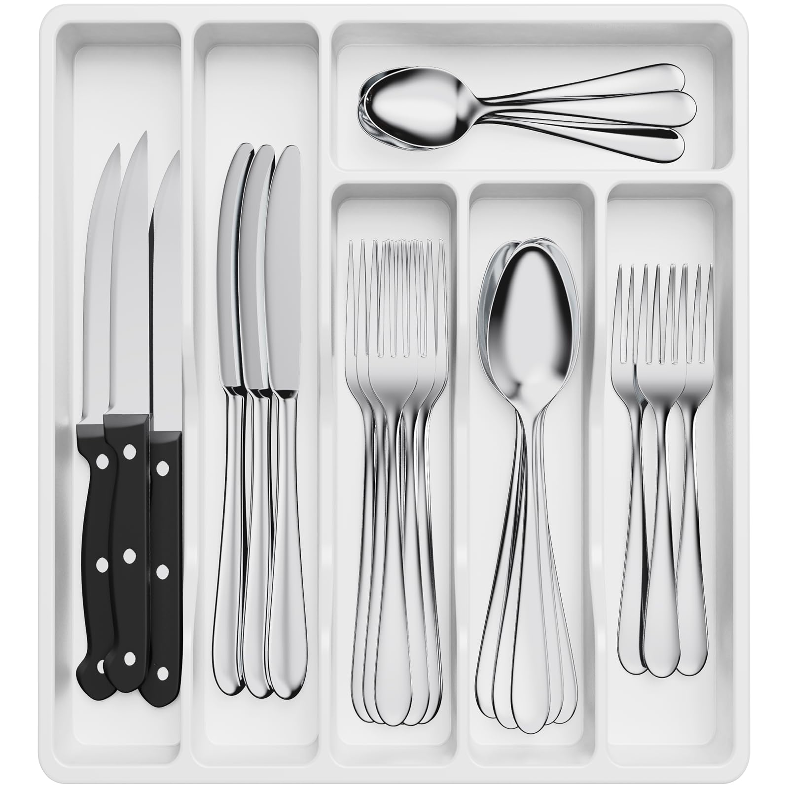 Lifewit Cutlery Drawer Organiser, Plastic Cutlery Tray for Kitchen Drawer, Utensil Flatware Silverware Holder Divider for Spoons Forks Knives Tableware, 6 Compartment, WhiteRecycled Claim Standard 100