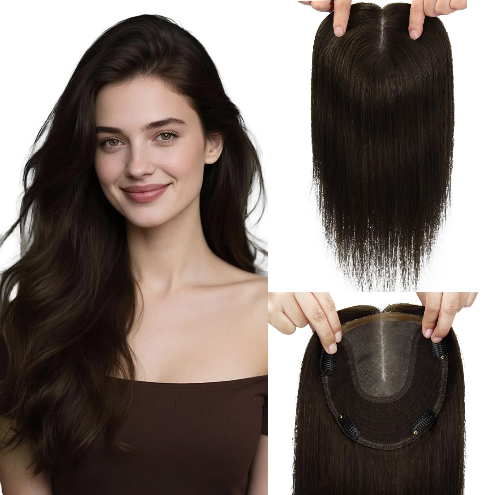 Hair Toppers for Women Real Human Hair 16inch 360° 3D Toppers for Women with Thinning Dark Brown Hairpiece Wiglet Extensions for Thin 6x7inch Large Base (#2Toppers-16inch)