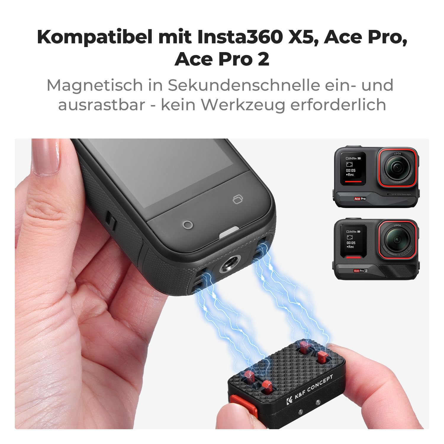 K&F CONCEPT Magnetischer Schnellwechseladapterhalter Kompatibel mit Insta360 X5/X4 Air, Ace Pro 2, Schnellverschluss 1/4" Schraubenloch, Aluminiumlegierung Halterung Erweiterung