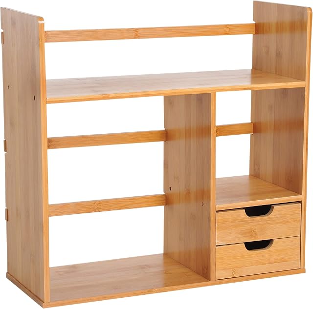 HOMCOM Desk Organiser Compartments Desktop Bookshelf Stationery Storage Shelf Document File Holder with 2 Drawers 2-Way Reversed Use Bamboo