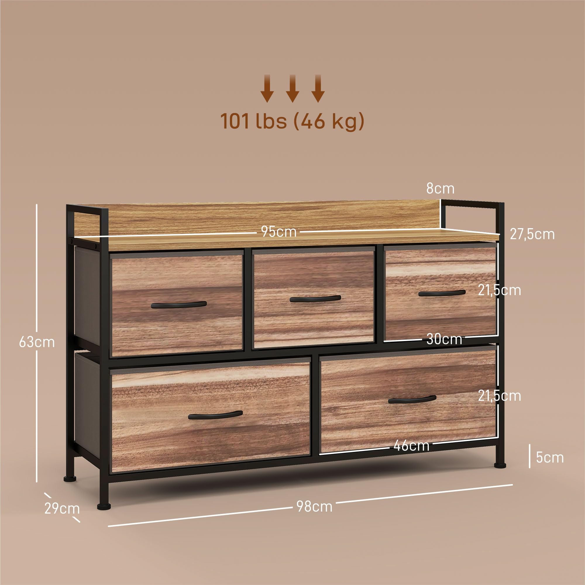 HOMCOM Commode Meuble de Rangement 5 Tiroirs 98x29x63 cm Noir