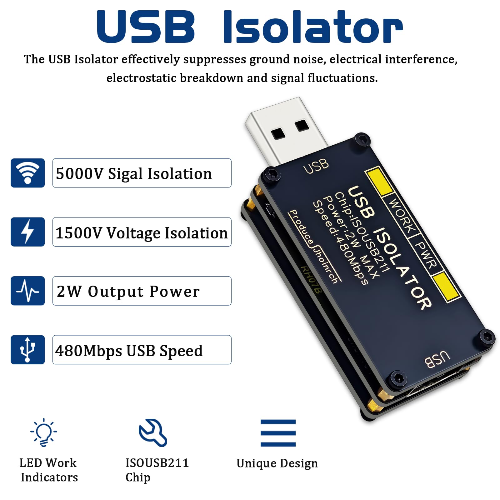 Isolatore ad alta velocità USB 2.0 da 480 Mbps supporta l'isolamento del segnale 5000 Vrms e l'isolamento di tensione 1500 V