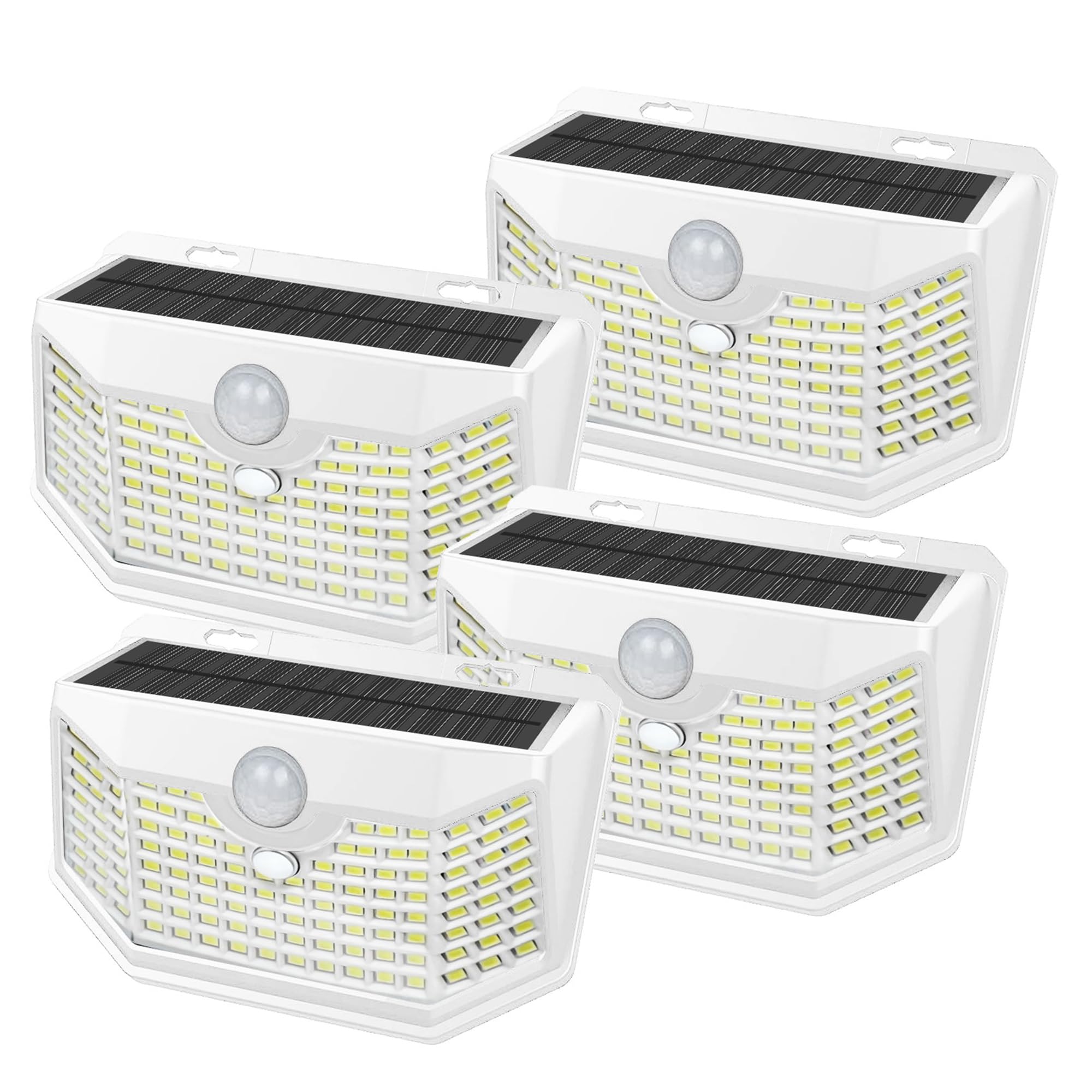 HMCITY 120 LED Outdoor Solar Lights with Motion Sensor and 3 Lighting Modes, IP65 Waterproof Wide Solar Wall Lights Ideal for Garden Patio Yard (Front Button 4Packs, White Shell-Daylight White)