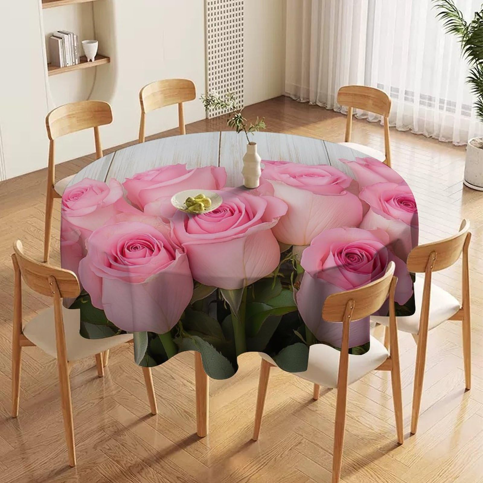 ORDOBO 3D Print Round Tablecloth - White Flowers Round Countertop Decoration Cover Waterproof Wipeable Dust-Proof For Kitchen Dining Home 91X91Cm
