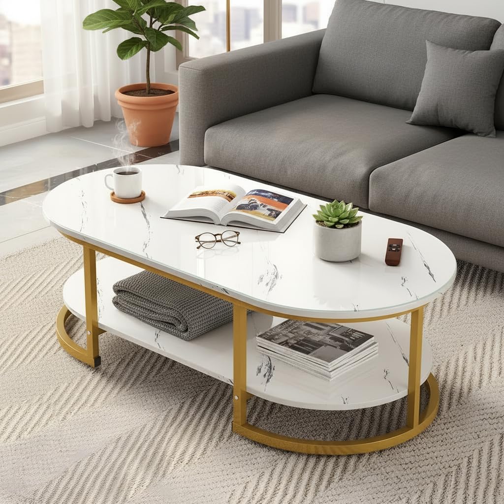 Oval Center Table Modern 2-Tier Coffee Table with Marble Finish Top Gold Metal Frame Stylish Sofa Table Elegant Cocktail for Living Room/Drawing/Dining Room (White & Gold)-image-44