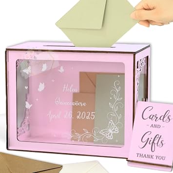 Butterfly Card Box for Quinceanera Party Wood Money Envelope Holder | Handmade wood card box with butterfly design and envelope slot for money cards, Mis Quince Anos reception table decor