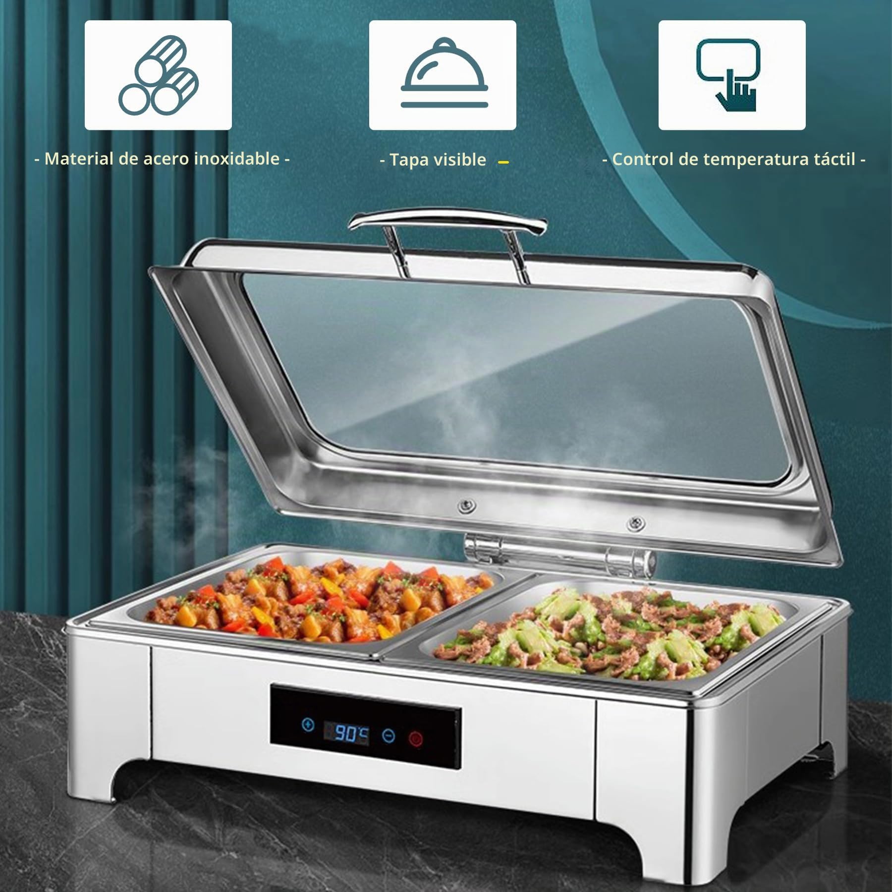 Chafing Dish Electrico, 9L Calentador de Buffet in Acero Inoxidable | Calentador de Comida Electrico con Controles Táctiles y Tapa de Cristal para Buffet y Fiestas, Temperatura Regulable