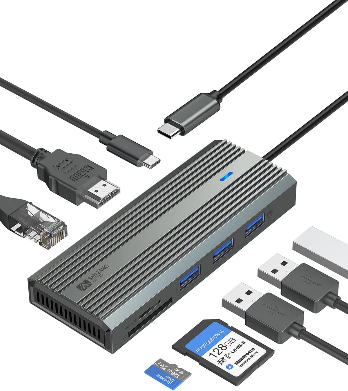 Hub USB C JESWO 7 En 1 - Adaptateur Avec HDMI 4K, SD, USB-A - Argent
