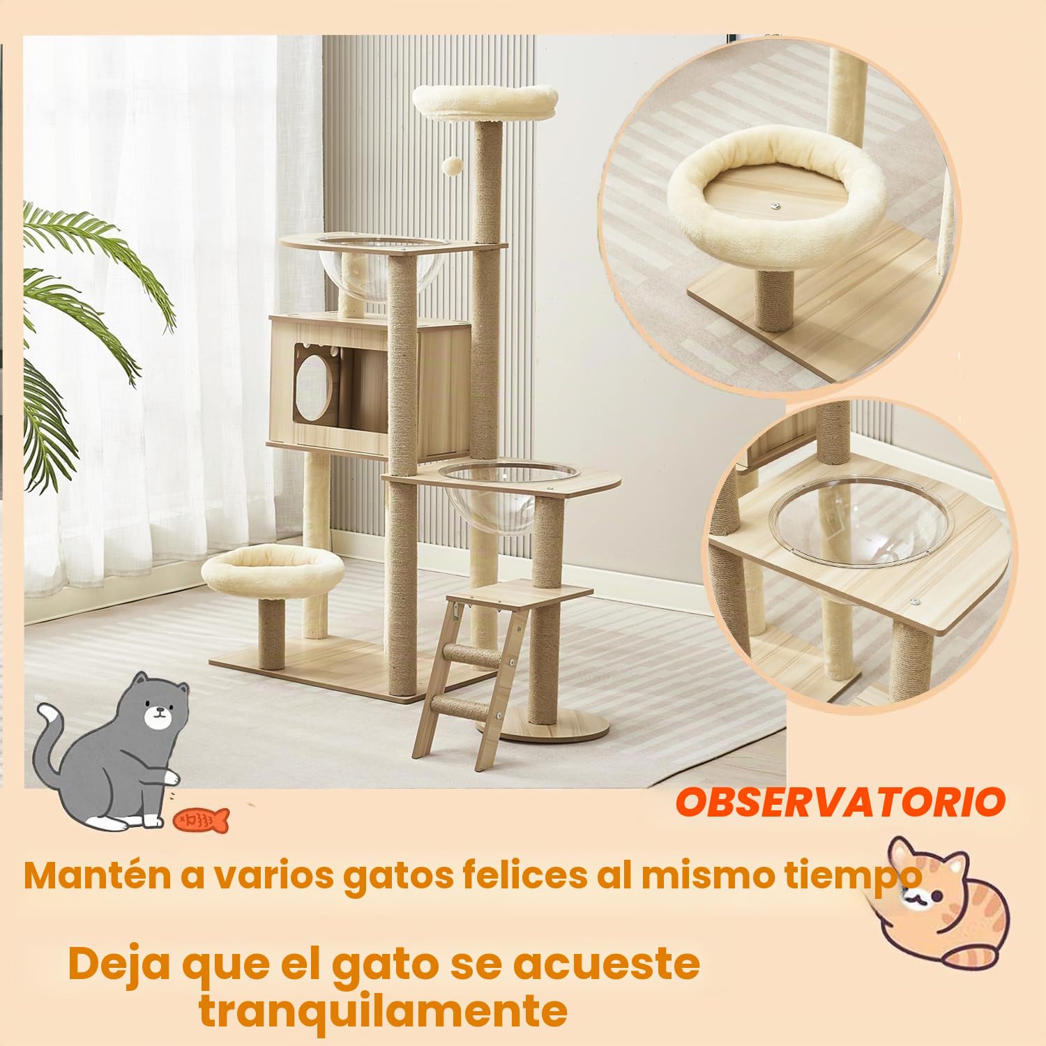Rascador de Madera de 135 cm, Grande, Estable, Moderno, con condominio, Escalera, Cuenco, árbol rascador Grande