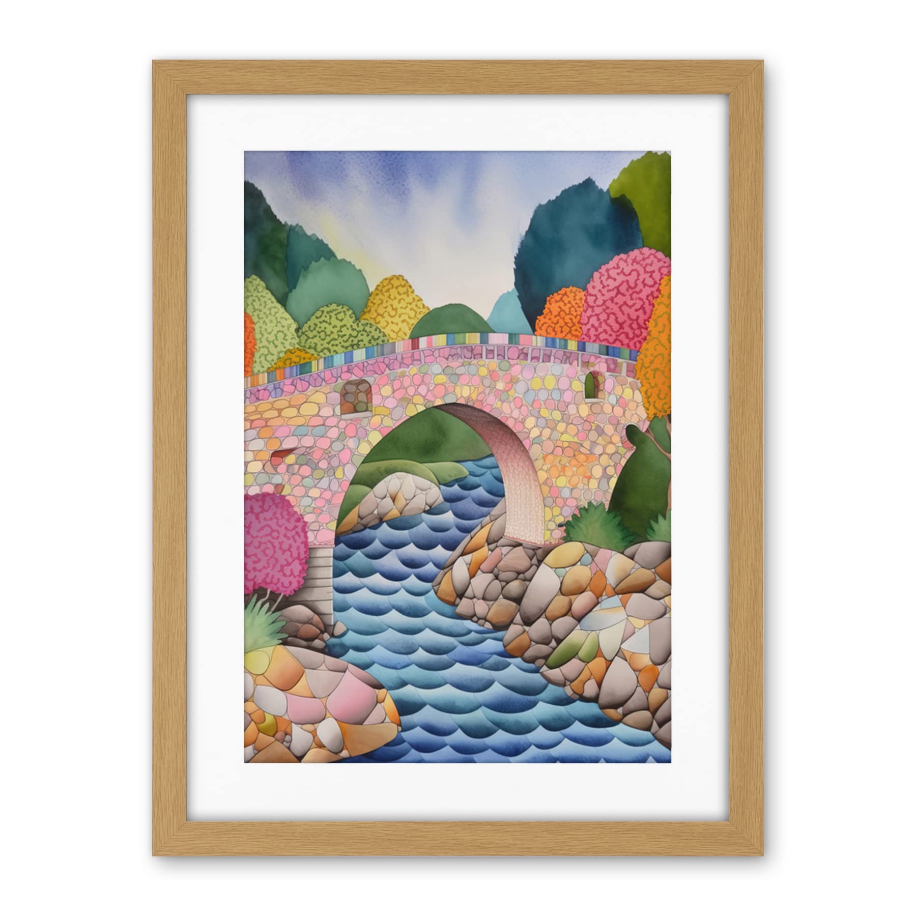 Artery8 Modern Folk Art Countryside Bridge Artwork Framed Wall Art Print 18X24 Inch