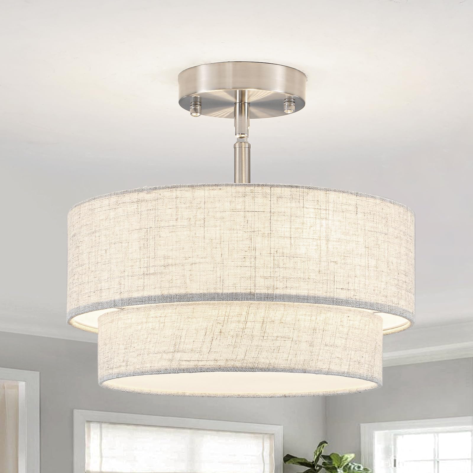 Deckenleuchte Silber 3-flammig, Moderne Stoff Deckenlampe E27 Wohnzimmer | Lampe für Schlafzimmer Kinderzimmer Esszimmer Flur, Runde Deckenlampe mit beige Leinenstoffschirm, Ø32 cm, weiches Licht