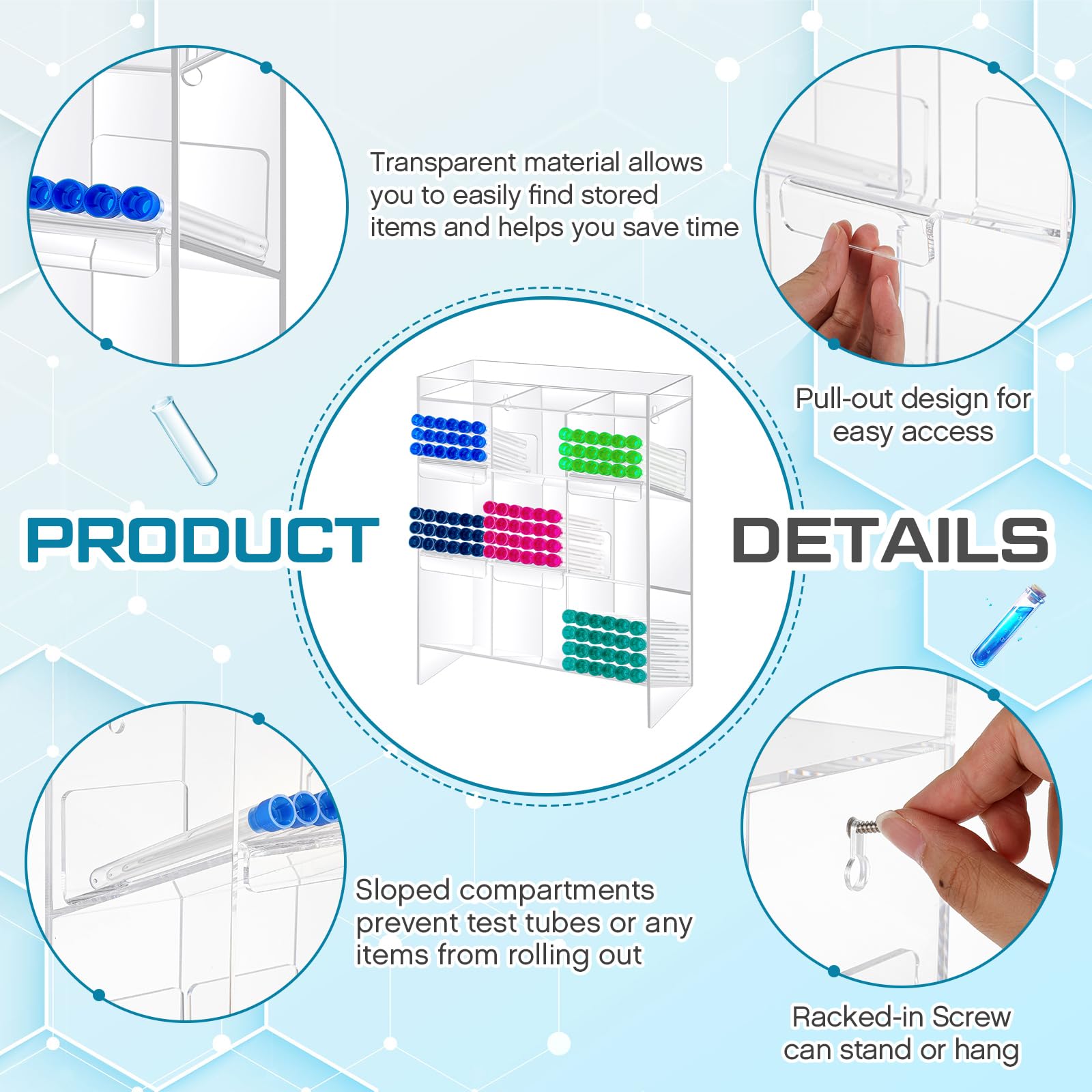 Colingmill Estante acrílico transparente para tubos de ensayo con 9 compartimentos y 4 bandejas extraíbles, soporte organizador de laboratorio para almacenamiento (16 x 12 x 5.5 pulgadas)