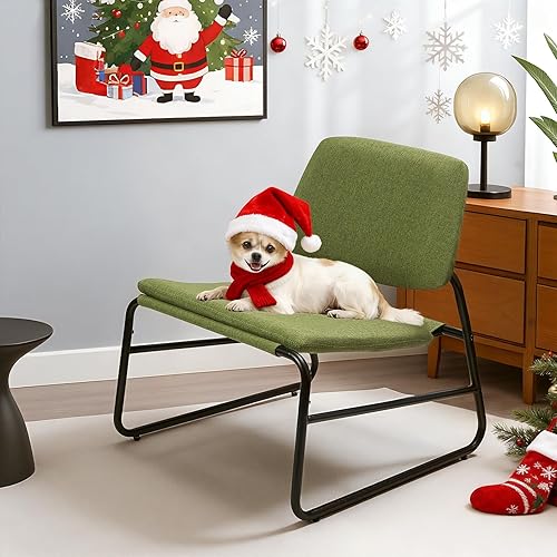 DAICO Silla decorativa moderna, cómodas sillas de sala tapizadas sin brazos, de lino verde, sillas laterales de mediados de siglo con patas de metal