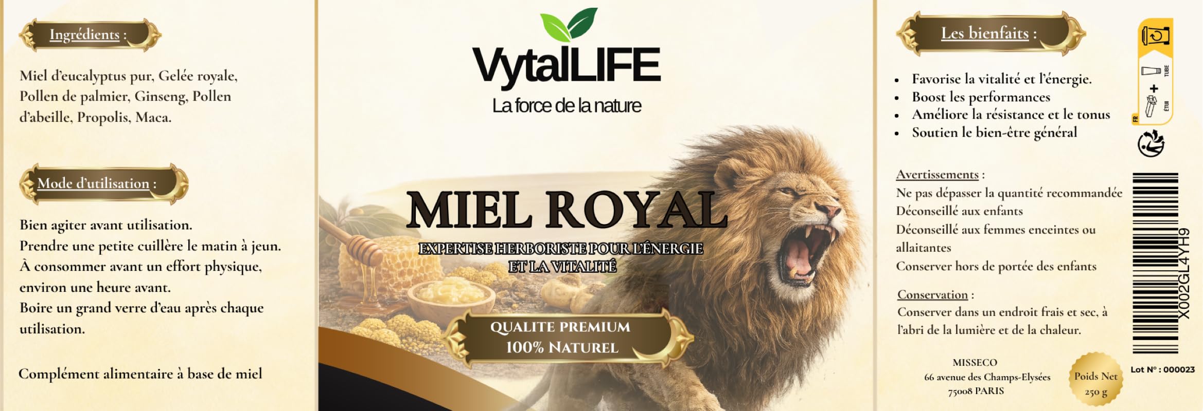 VytalLIFE Miel à la Gelée Royale, Ginseng & Maca - Miel Aphrodisiaque d'Eucalyptus 100% Pur 250g - Enrichi en Propolis, Pollen d'Abeille - Énergie & Vitalité - Booster Testosterone Homme Naturel