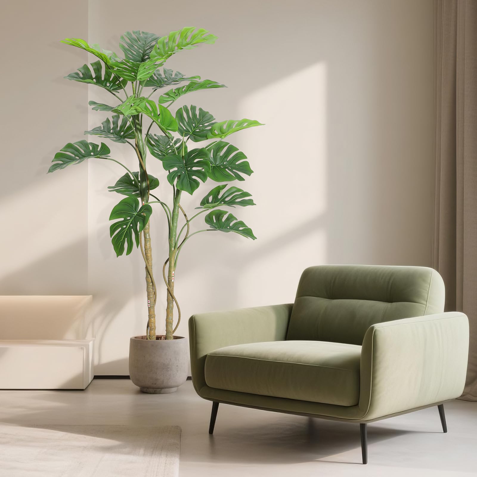 GarveeHome 150 cm grande monstera artificiale realistica, pianta da interno con vaso, muschio, multi ramo e fogliame, senza manutenzione, albero artificiale decorativo per soggiorno, ufficio, balcone