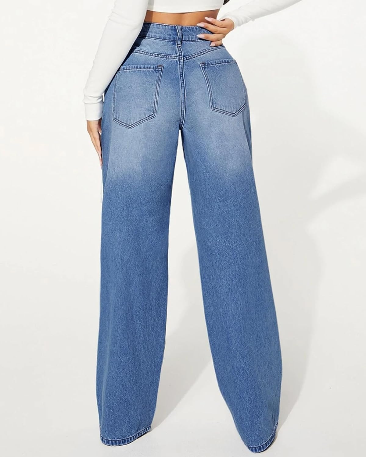 Womens Distressed Straight Leg Jeans High Waisted Wide Leg Baggy Jeans Boyfriend Casual Denim Pants. - Image 3