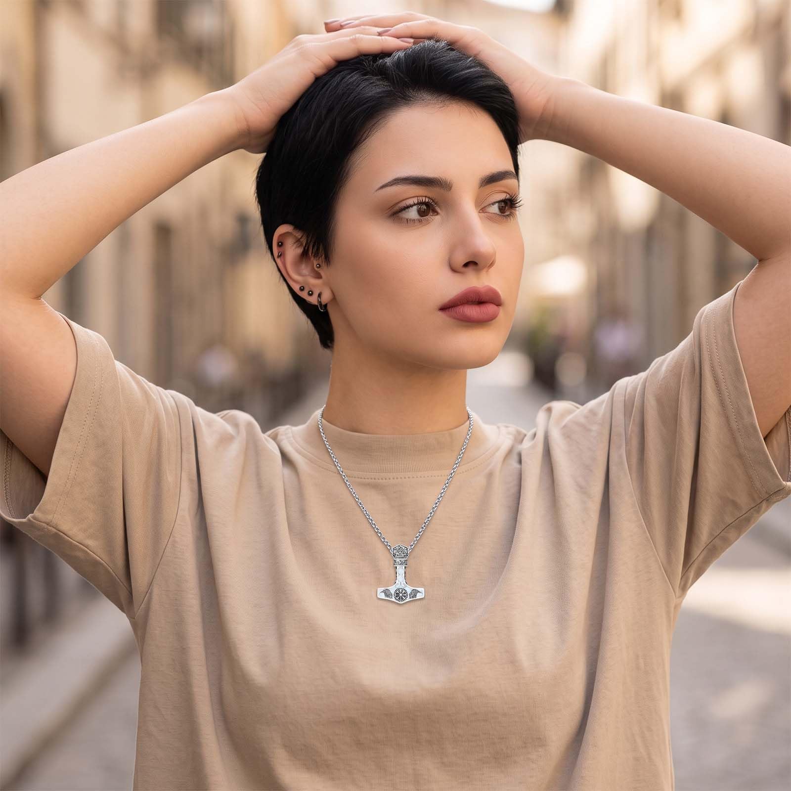 Mjölnir - Collana in argento Sterling con ciondolo a forma di bussola vichinga, con ciondolo a forma di martello di Thor, da uomo, con rune nordica, Vegvisir, regalo per donne e uomini