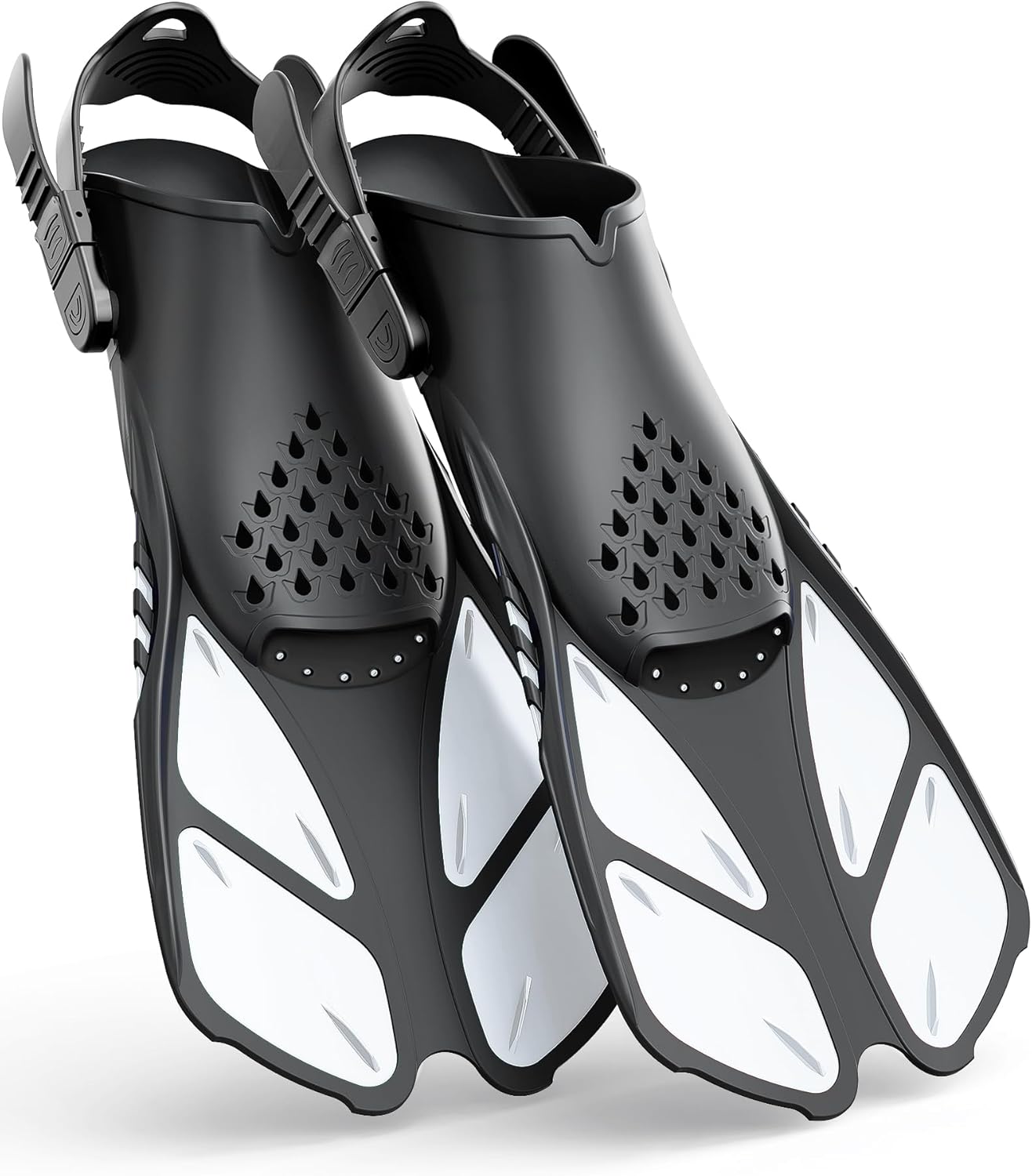 Greatever Snorkel Fins Adjustable Buckles Open Heel Swim Flippers Travel Size Short Swim Fins for Snorkeling Diving Swimming Adult Men Womens White S/M (Adult US Size 4.5-8.5)