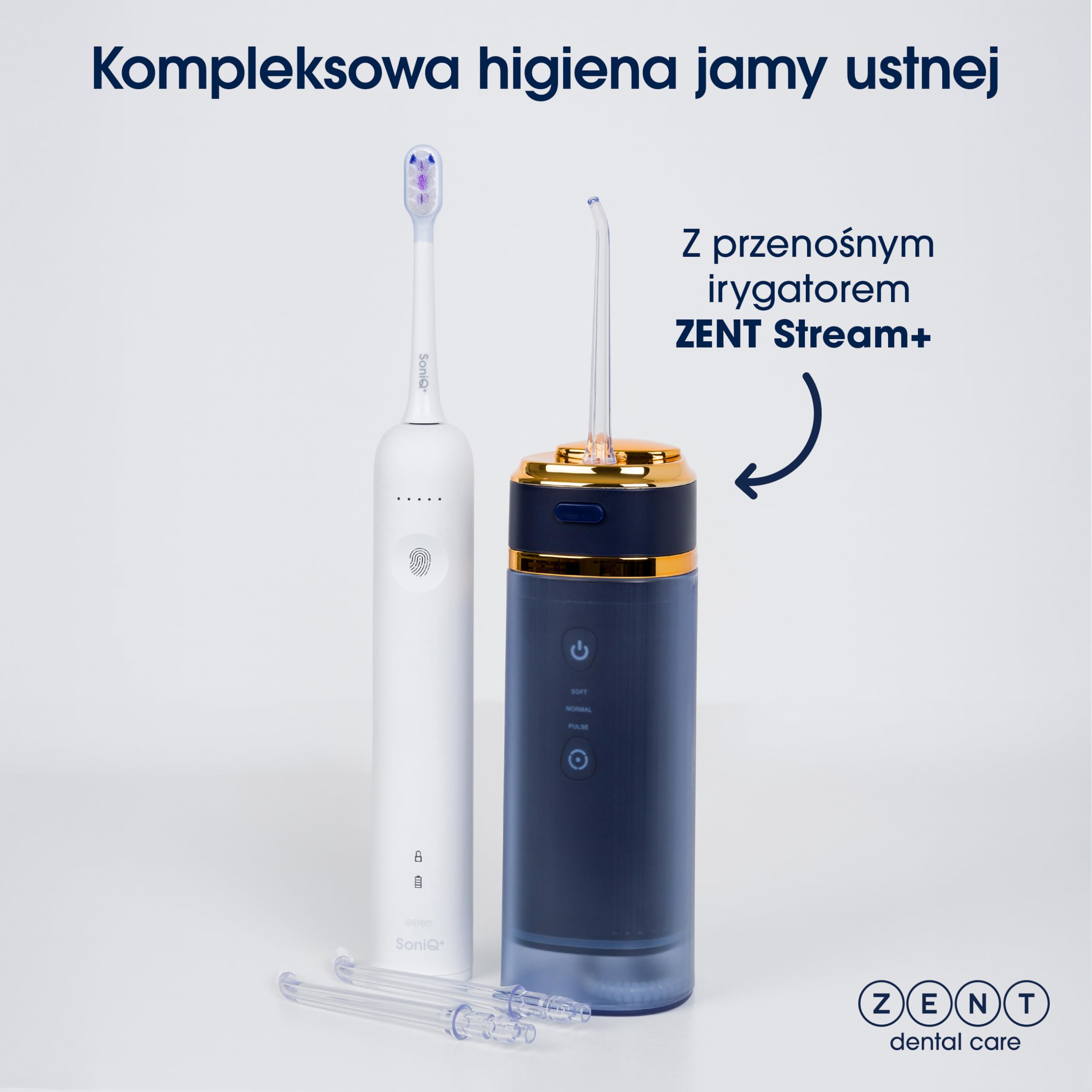 ZENT Stream+ Irygator wodny, Zaawansowana technologia obrotowa 360°, 3 Specjalne końcówki, Regulowane ciśnienie, Usuwanie płytki nazębnej, Wytrzymała bateria, Kompaktowe rozmiary, Niebieski