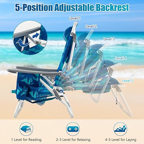 Miniatura 6 de GYMAX Sillas de playa, silla de camping con reposabrazos, bolsa refrigeradora, soporte para tazas, barra de toalla y bolsillos laterales, silla de
