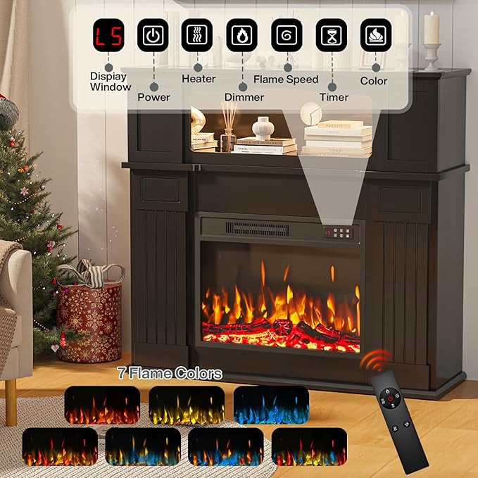 Chimenea Eléctrica PRETZI 43" con Repisa de Madera, Negro miniatura 3