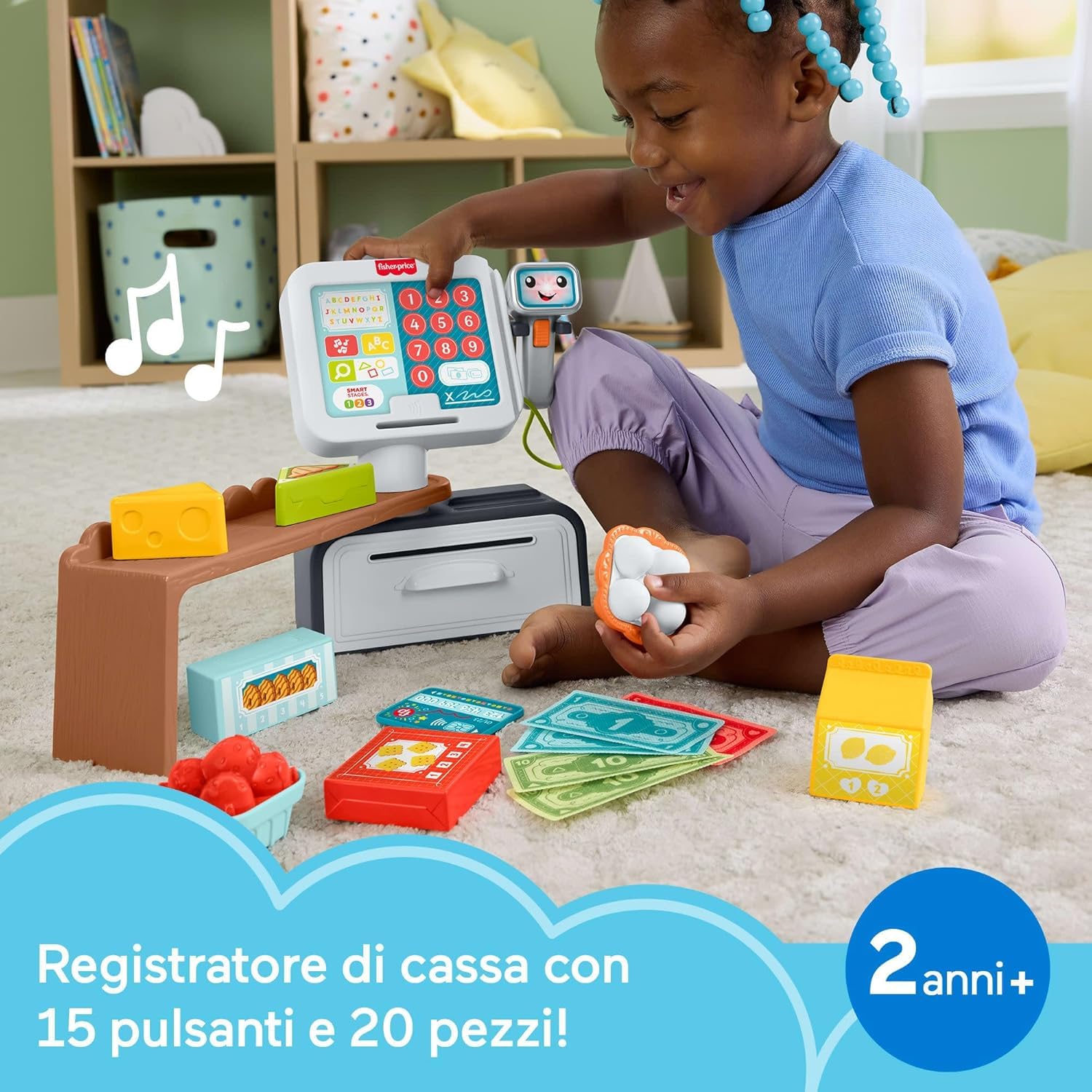 Fisher-Price kasa fiskalna, zestaw naukowy z ponad 150 piosenkami, dźwiękami i frazami, 20 akcesoriów, wersja włoska +ES+IN+PT, zabawka dla dzieci w wieku 2+ lat, JGX00