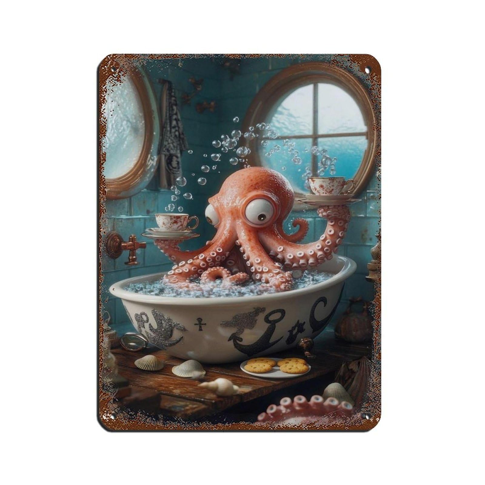 Quirky Octopus Bathroom Art Tin Sign Vintage Metal Pub Club Cafe Bar Home Wall Art Decoration Poster Retro 12x16inch(30x40cm)