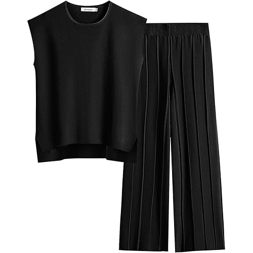 ANRABESS Women 2 Piece Outfits Casual Summer Sleeveless Tops Knit Pants Sweater Lounge Matching Sets 2024 Trendy Clothes