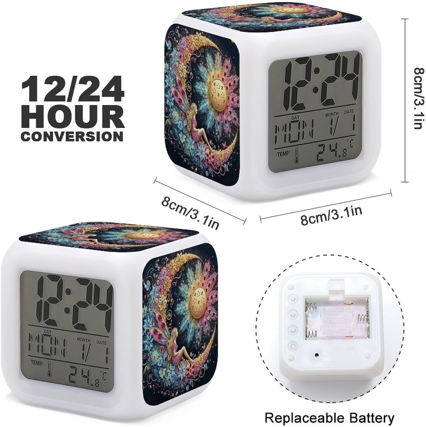 Night Light Alarm Clock, 7 Color Changing, Sun and Moon with Fairy image 3