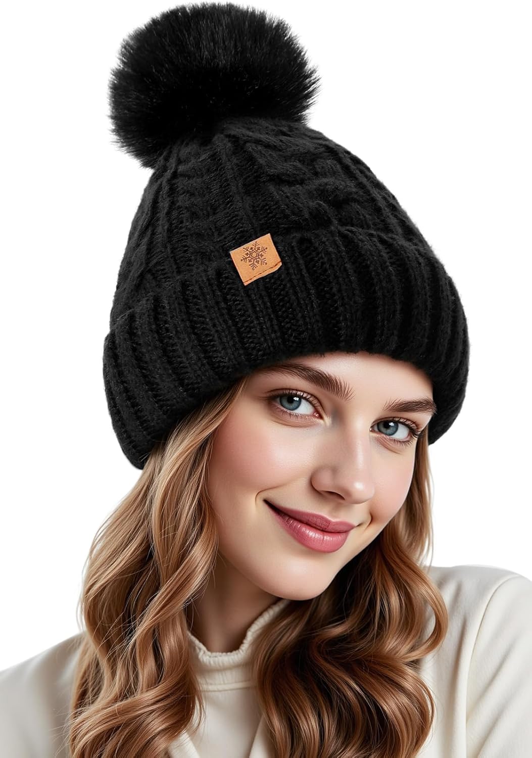 Winter Hats for Women – Fleece Lined Beanie for Women, Warm Winter Hat with Faux Fur Pom