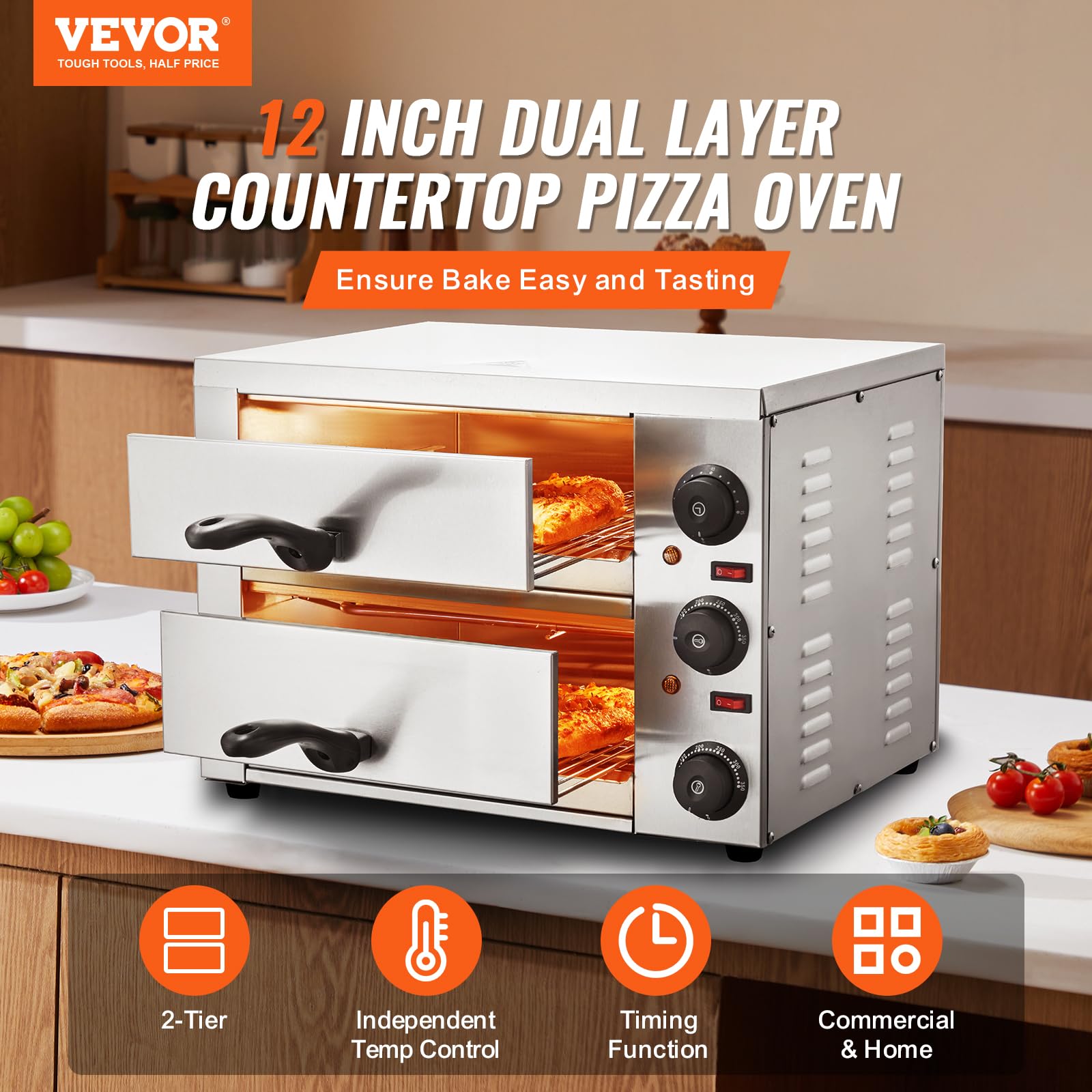 VEVOR Horno de Pizza Eléctrico para Encimeras, 1700 W, con Control de Temperatura y Temporizador, Horneado Uniforme y Fácil Limpieza, Ideal para Cocinas Comerciales y Domésticas, 477 x 400 x 350 mm