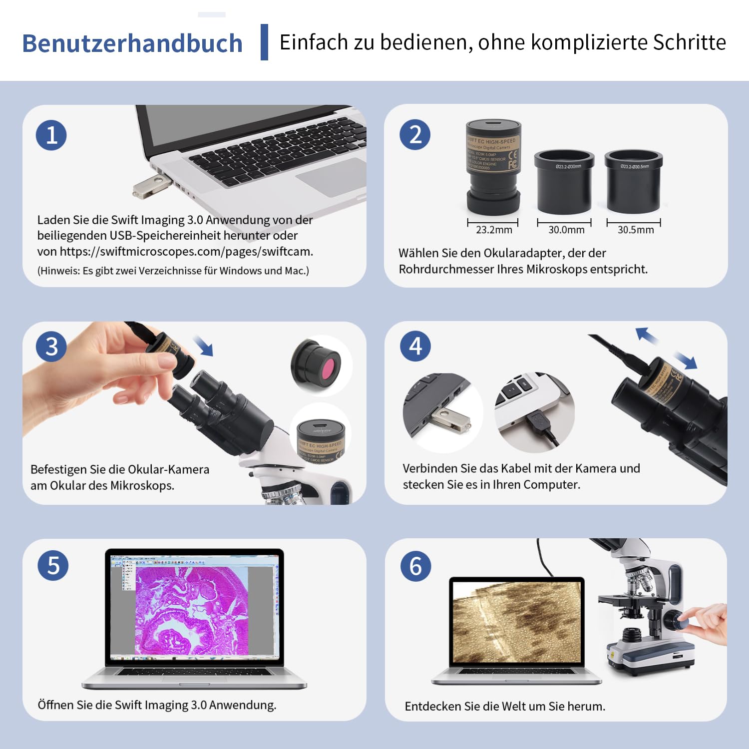 SWIFT EC5R Digitale 5,0-Megapixel-Mikroskop Kamera für Farbfotografie und Video, Okularhalterung, USB 2.0-Anschluss, Windows- und Mac-kompatibel