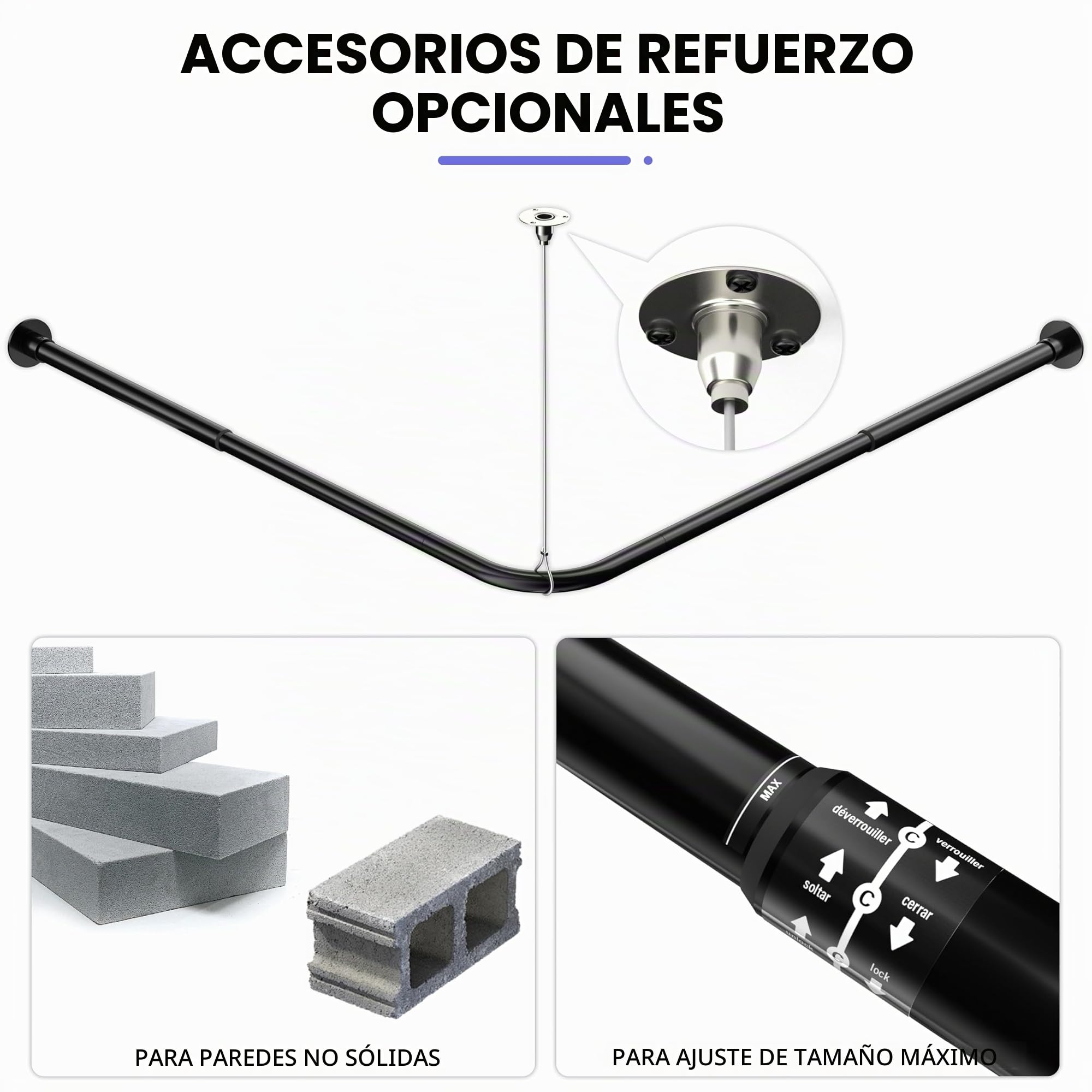 Barra Cortina Ducha en Forma de L, Barra Ducha Extensible Esquina 62–94 x 141–174 cm, Acero Inoxidable, Con 16 Anillas para Cortina, Negro