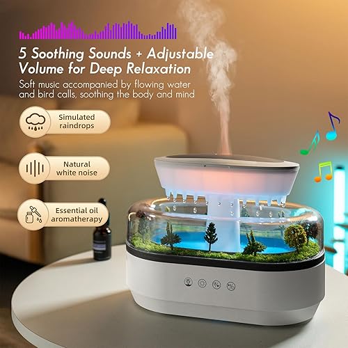 Miniatura 5 de Humidificador de gotas de lluvia de 8.5 fl oz y difusor de aceite esencial, humidificador ultrasónico en forma de nube con sonidos relajantes de