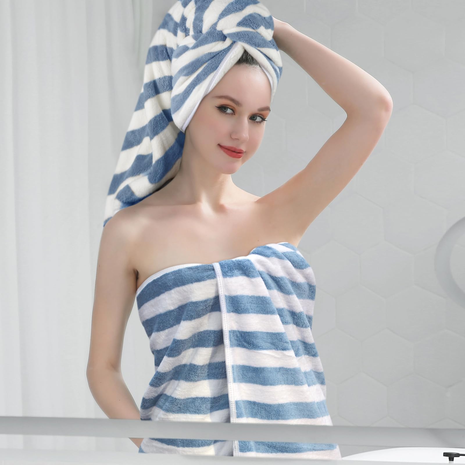 VIVOTE Serviette de Bain en Microfibre Douce et Moelleuse, très absorbante et à séchage Rapide, à Rayures, pour Adultes (80 x 152 cm), Bleu
