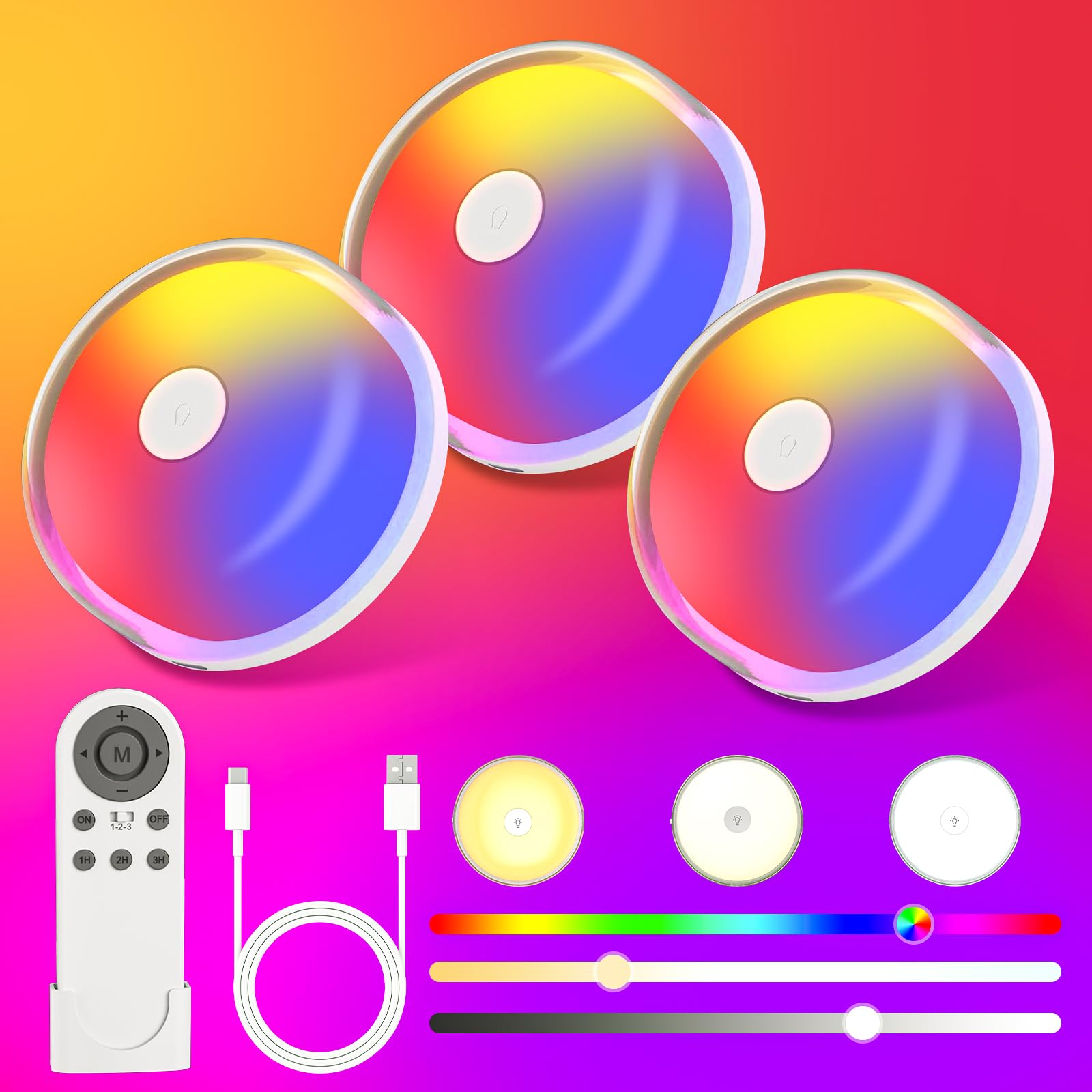 GODENBA Rechargeable Shower Light, 15 Color Changing Mood Light with Remote, 2600mAh Battery, No Wiring, for Shower, Bathroom, Closet, Bedroom, Livingroom, 3-Pack