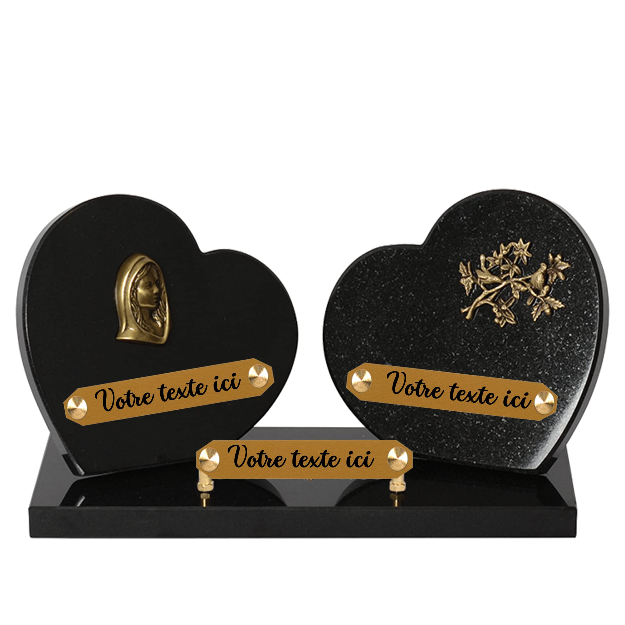 Plaque funéraire personnalisée coeur - Granit - assemblée en France - bronze vierge marie oiseaux - H 20 X L 35 cm - 3 textes