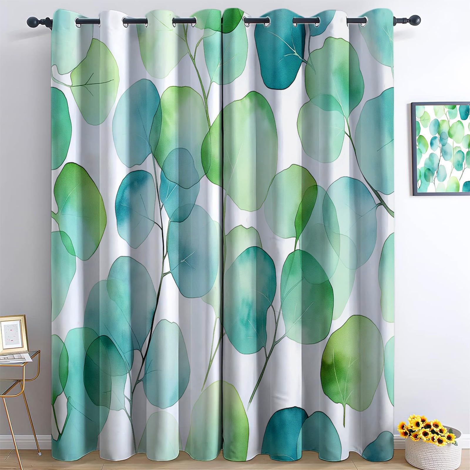 Genérico Turquesa Eucalipto Plantas Cortinas Opacas térmicas Que bloquean la luz, Estilo De Acuarela Cortinas Opacas con Ojales para Dormitorio y Sala de Estar 140 x 260 cm (2 Paneles)