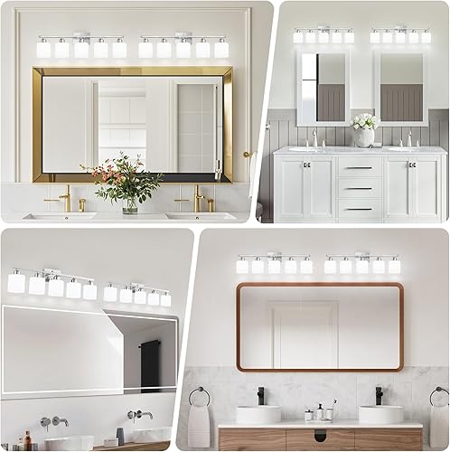 Miniatura 3 de 5 lámparas de baño de níquel cepillado, lámpara de tocador de baño con pantalla de vidrio esmerilado blanco lechoso, luces de tocador para espejo,