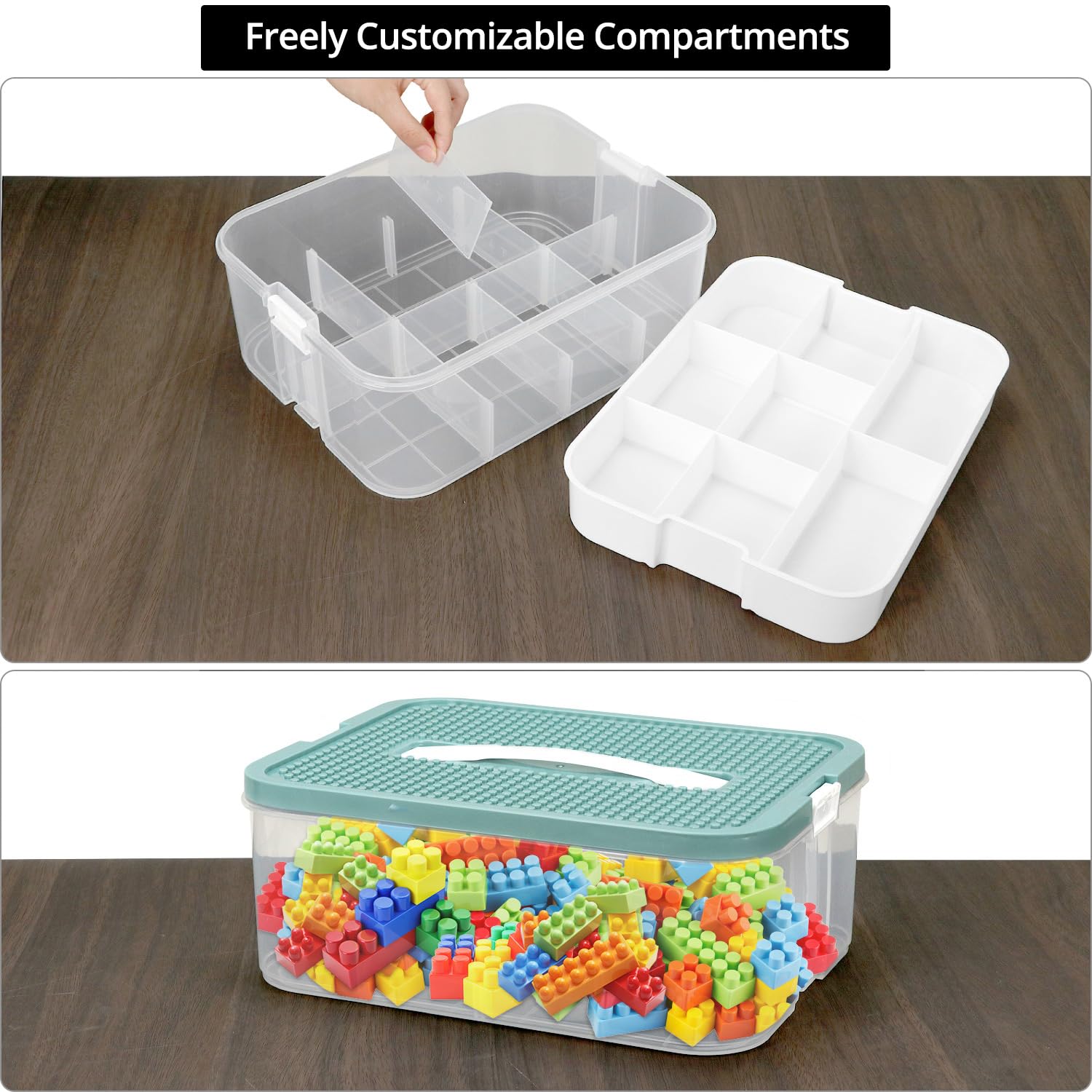 QWORK® Caja de almacenamiento con Tapa, 3 Niveles Cajas Almacenaje Plastico Transparente, Caja de Almacenamiento con Compartimentos Ajustables y Asa de Transporte