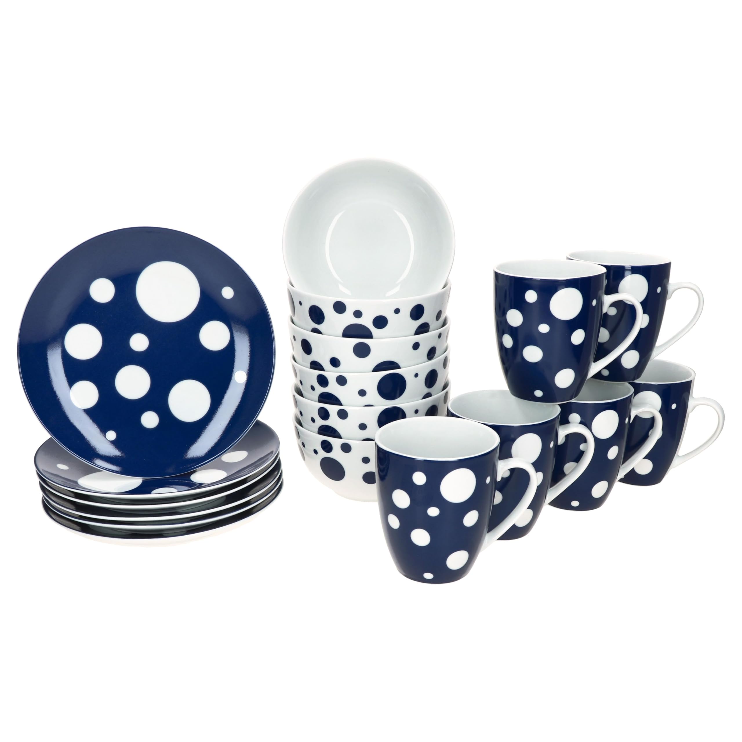 MamboCat Pula niebieski 18-częściowy zestaw śniadaniowy, 6 talerzy do ciasta, miseczek na musli 400 ml i kubki do kawy 300 ml z porcelany, dla 6 osób, dekoracja w niebieskie kropki, śniadanie i brunch