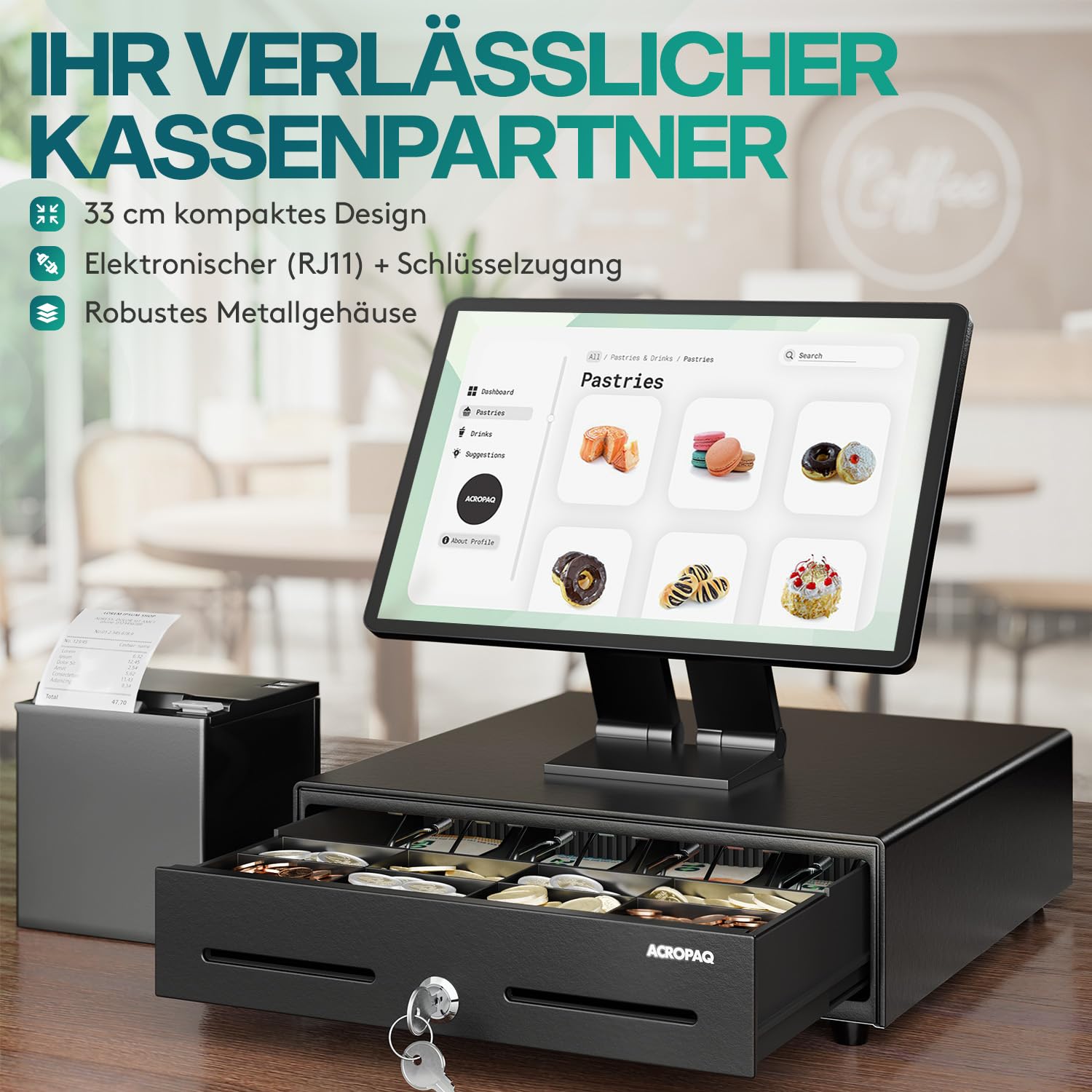ACROPAQ Kassenschublade - Kassenlade kompatibel mit RJ11 Bondruckern, 8 Münz- & 4 Geldscheinfächern, Robustes Metallgehäuse, Kompakt (34 x 33 x 10 cm) - Kasse