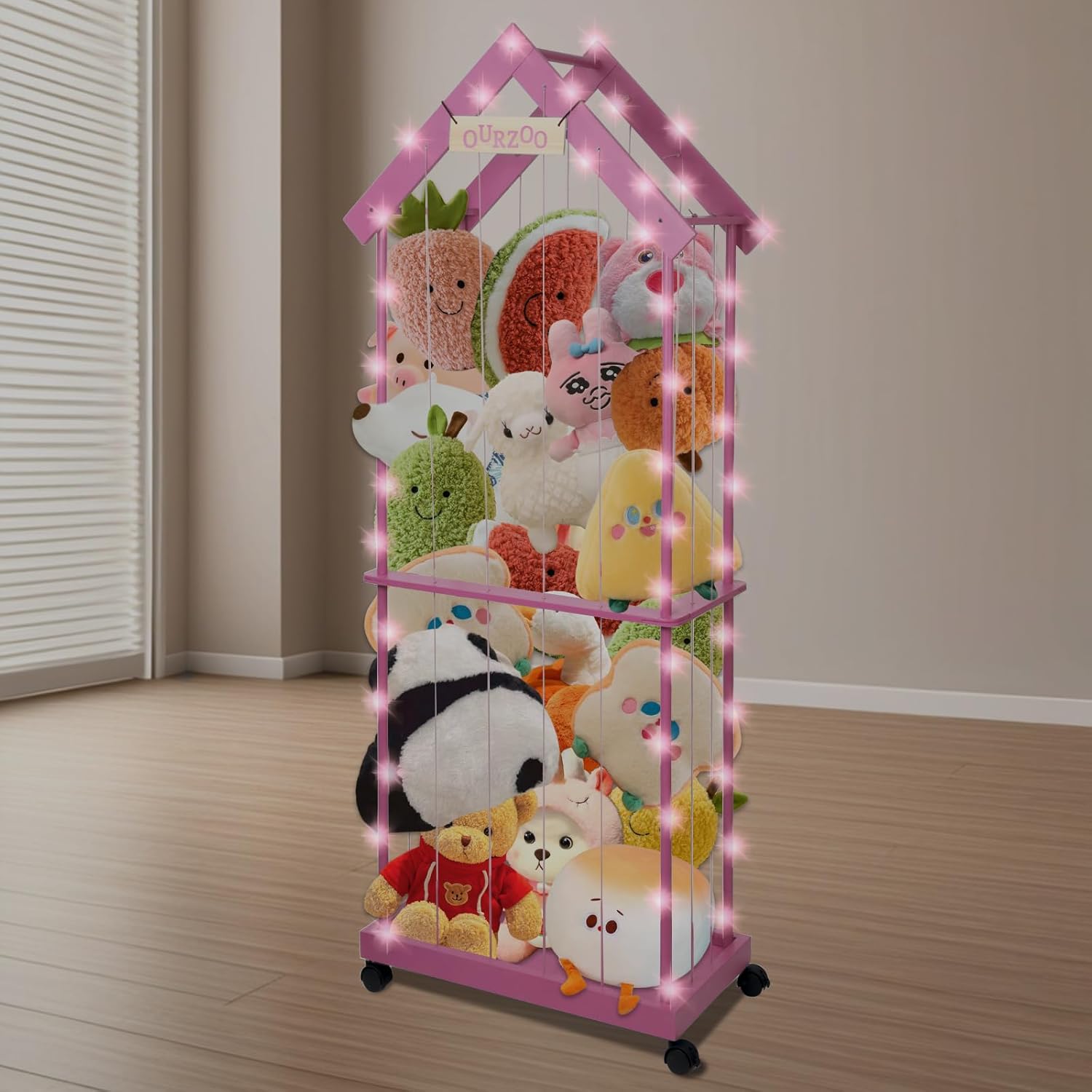 Stuffed Animal Storage, Stuffed Animal Holder with Wheels Zoo Wooden Toy Storage Organiser Large Plush Cage with Ropes and Light String for Nursery Playroom Bedroom,Pink,(excluding Battery)