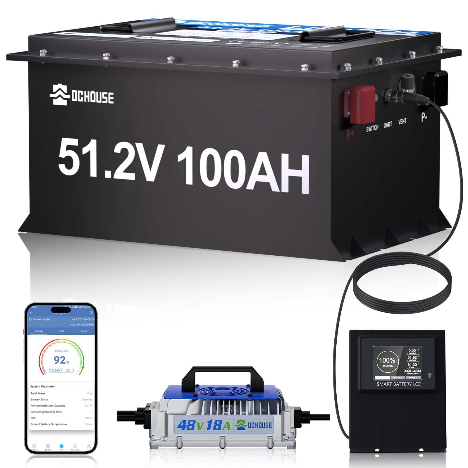 DC HOUSE 48V 100Ah Lithium Golf Cart Battery Sturdy Metal Case Lifepo4 Battery with 48V 18A Charger Bluetooth