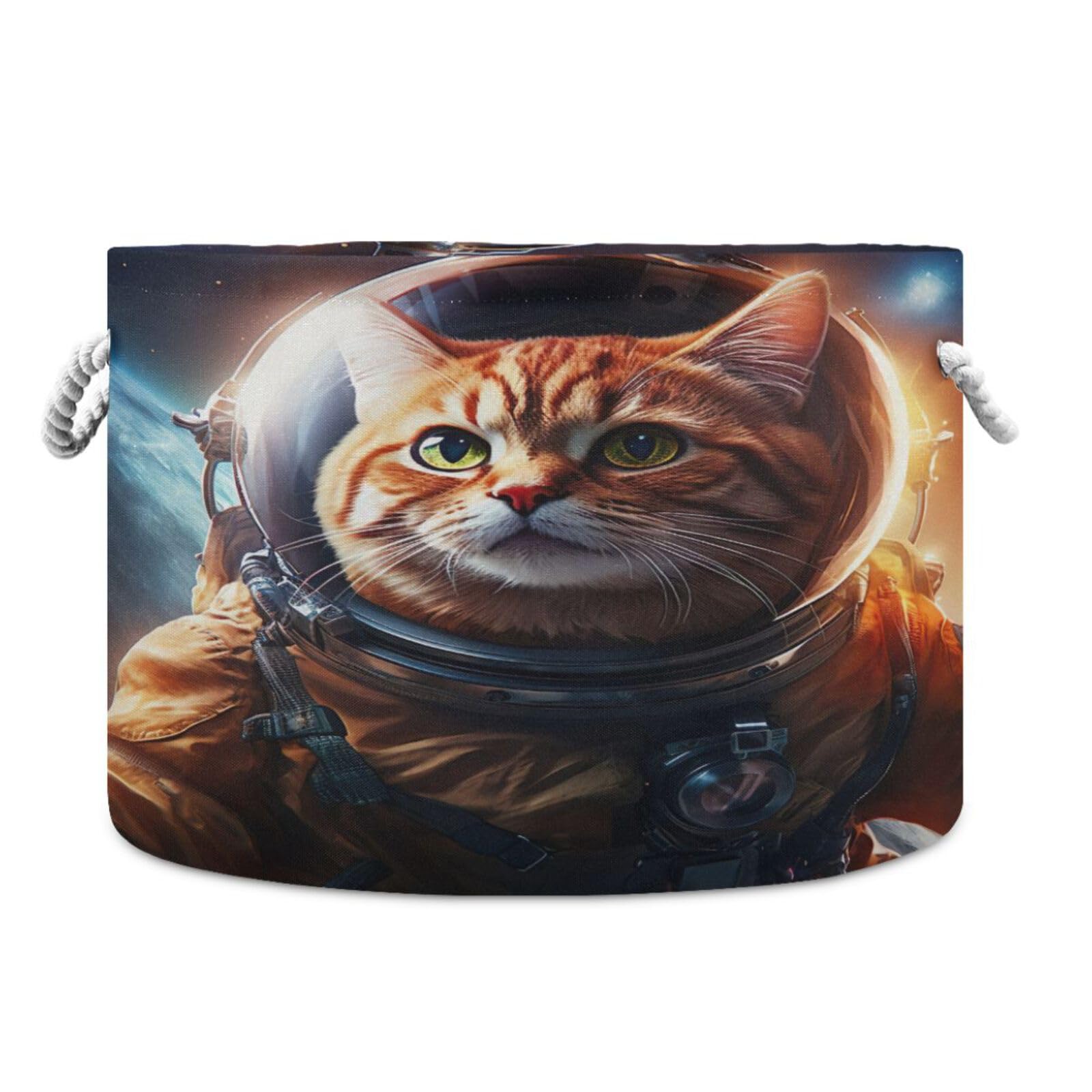 Round Space Astronaut Cat Funny Storage Basket Large Organizer Bin Laundry Hamper Toy Storage Basket with Handle for Nursery Clothes Toys 202b4760