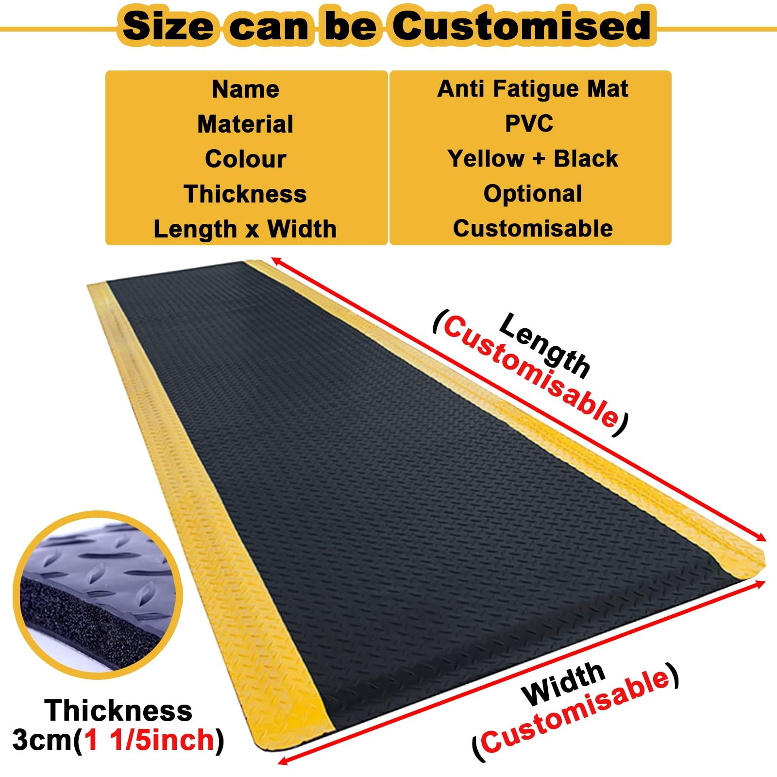 Tappeto Antifatiga Tappetino da scrivania in Piedi Anti-Fatica, tappetini ergonomici Anti-Stress per postazioni di Lavoro, Imbottito, Giallo e Nero Commerciale(180x240cm (71x94))