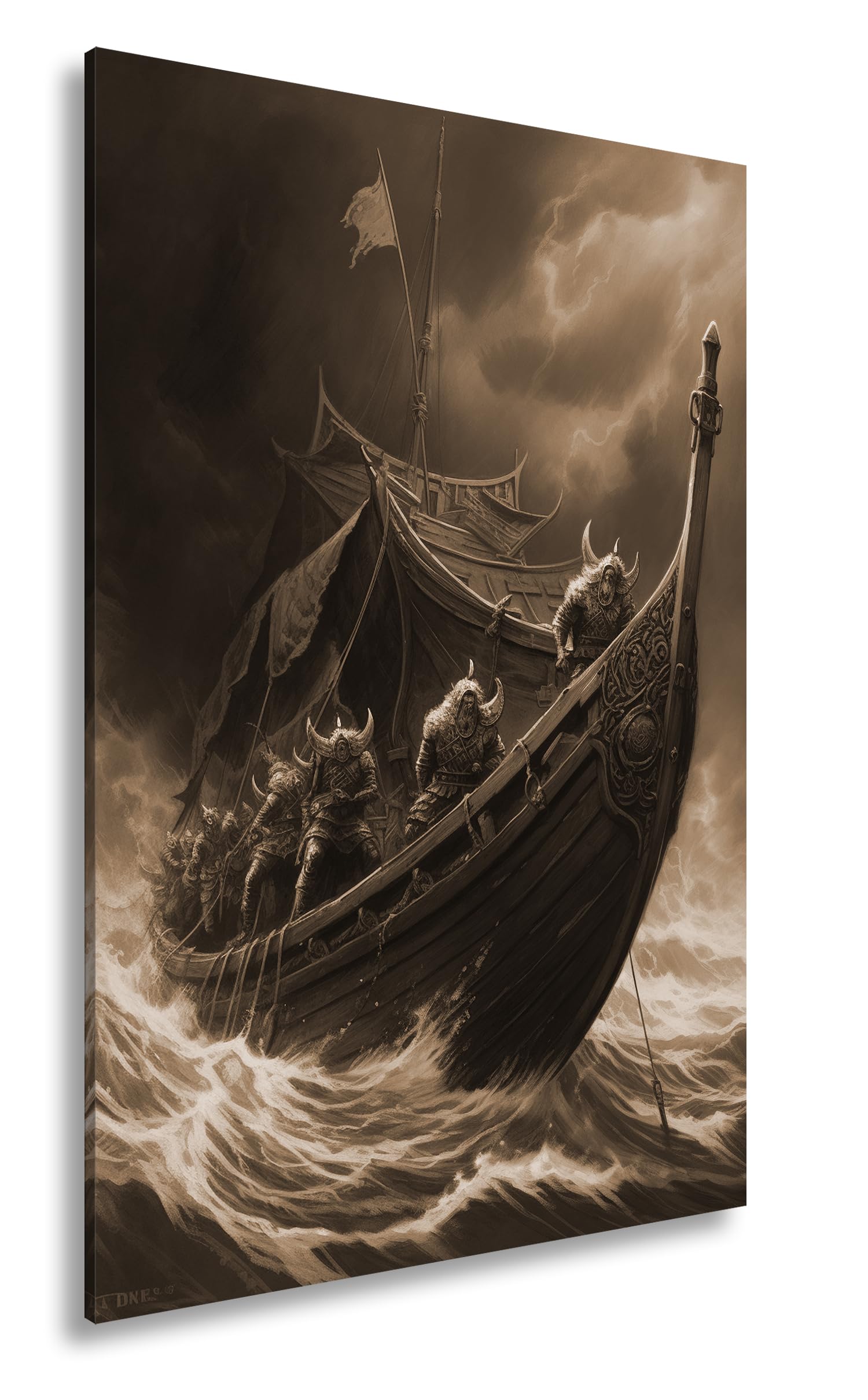 deyoli Leinwandbild Wikinger stürmen durch Sturm und Wellen Format: 80x60cm Effekt: Sepia XXL Kunstdruck Bild auf Keilrahmen/Wandbild/Wohnzimmer Dekoration